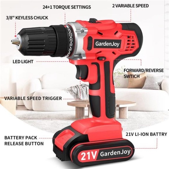 Cordless Power Drill Set: 21V Electric Drill with Fast Charger 3/8-Inch Keyless - Picture 2 of 6
